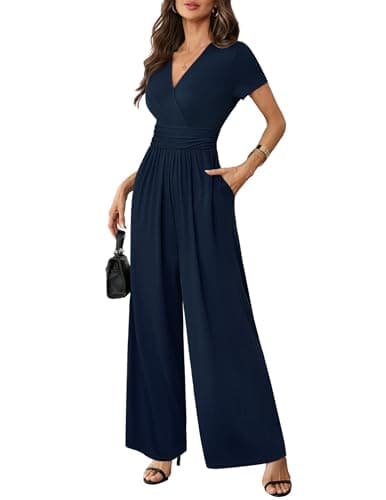 LOOKBOHO Women's One Piece Jumpsuits Dressy Casual 2026 Deep V Neck High Waist Side Ruched Wide Leg Pants Romper Navy M - Image 1