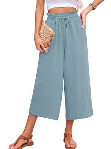 KORSIS Women Capri Pants Wide Leg High Waisted Casual Spring Dressy Palazzo Vacation Beach Tie Belt Trousers with Pockets Blue Gray Large - Image 1