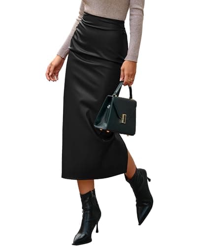 BTFBM Skirts for Women Trendy Spring 2026 Elastic Waist Ruched Bodycon Slit Pencil Midi Leather Skirt Bussiness Casual(Black, Small) - Image 1