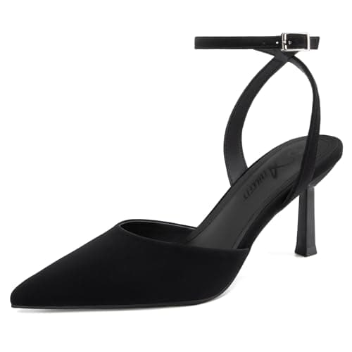 Athlefit Women's Closed Pointed Toe 3 Inch High Heels Ankle Strap Stiletto Heel Wedding Party Dress Pumps Shoes, Black Nubuck Size 6,SAPU2602W - Image 1