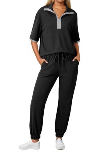 Dokotoo Two Piece Outfits for Women V Neck Short Sleeve Knitted Shirts Fashion Tracksuit and Elastic Waist Long Pants Set Casual Outfits for Women Sweatsuit Joggers Black Small - Image 1