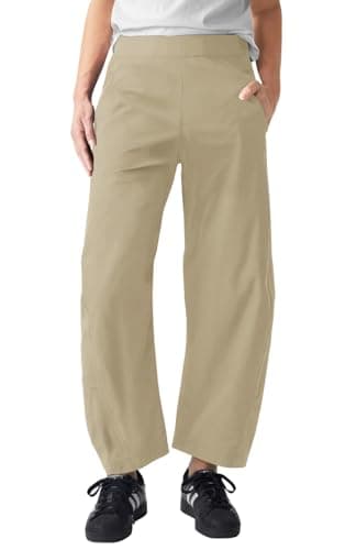 EGOCKAL Womens Elastic Waist Ankle Pants Baggy Curved Tapered Leg Barrel Travel Pants with Pockets Khaki - Image 1