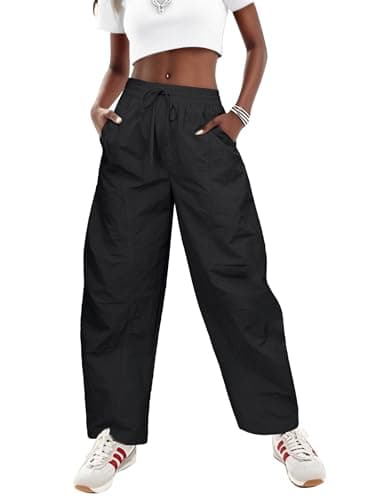 LOOKBOHO Women's Cargo Pants 2026 Summer High Waist Barrel Baggy Casual Drawstring Lightweight Parachute Hiking Trouser Streetwear with Pockets Black XX-Large - Image 1
