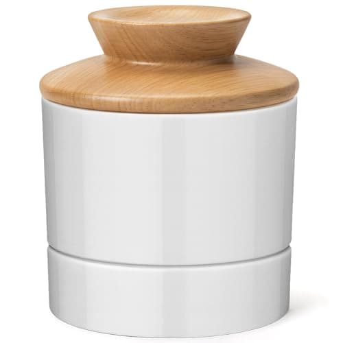 French Butter Dish with Lid for Countertop,Samseel Butter Crock with Water Line and Wooden Lid,Butter Keeper for Spreadable,Bright White - Image 1