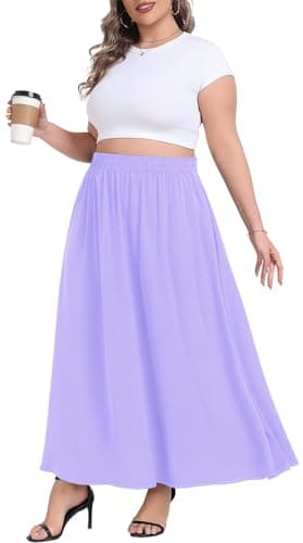 Lastshe Plus Size Maxi Skirts for Women Casual Office Elastic High Waisted Teacher Hide Drawstring Flowy A-line Long Skirt with Pockets,Light Purple,1X - Image 1