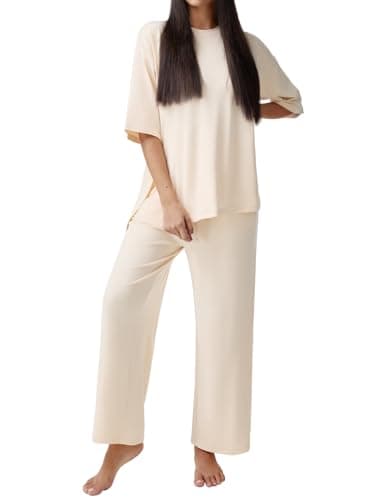 REORIA Womens Fall Lounge Sets Sleepwear Short Sleeve Tops and Long Pants 2 Piece PJ Pajama Sets Apricot Large - Image 1