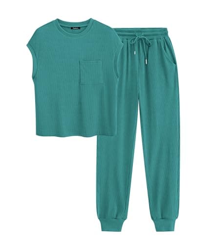 BTFBM Women's Two Piece Tracksuit Outfits Summer Short Sleeve Tops Long Pants Jogger Lounge Matching Sets Sweatsuit(Blue Green,Small) - Image 1