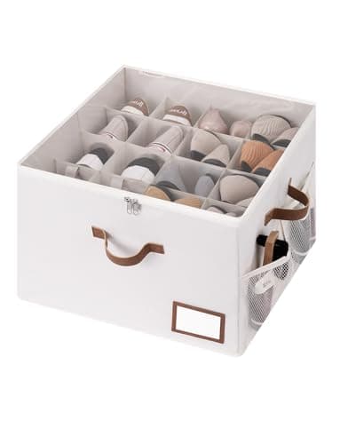 StorageWorks Shoe Organizer for Closet, Shoe Storage Bins with Clear Lid, Fabric Shoe Boxes with Side Mesh Pockets, Closet and Storage Bins for Slippers and Flats, Holds Up to 16 Pairs, Beige - Image 1