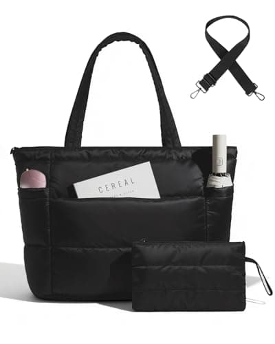 Moyad Puffy Tote Bag for Women with Zipper, Lightweight Quilted Bag Shoulder Handbag for Work, Travel, Gym, Nurse, Teacher - Black - Image 1