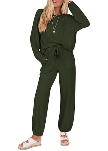 KIRUNDO Lounge Sets for Women 2026 Spring Airport Travel Outfits Ribbed Knit Tops Jogger Pants Tracksuit Postpartum Comfy Set(Army Green, X-Small) - Image 1