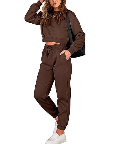 BTFBM Women 2 Piece Outfits Long Sleeve Crop Top Pullover Drawstring Pant Jogger Set Casual Sweatsuits Tracksuit Pockets(Coffee, Small) - Image 1