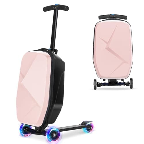 Scooter Luggage For Kids & Adults, Hardside Ride On Suitcase For Kids Ages 4-15 Multifunctional Lightweight Foldable Carry On Luggage With Wheels Ride On For Children Teenagers (Light Pink, 20") - Image 1