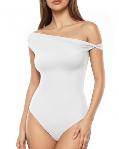 MANGOPOP Women's Off The Shoulder Double Lined Bodysuit Versatile Thong Body Suit Going Out Summer Trendy Tops White, Medium - Image 1