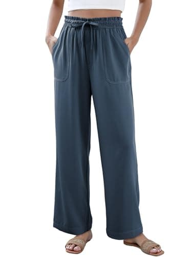 Dokotoo Wide Leg Pants Woman with Adjustable Tie Drawstring Casual Loose High Waisted Palazzo Trousers for Women Ladies Lightweight Lounge Cargo Pants with Pockets Womens Spring Outfits Blue Small - Image 1