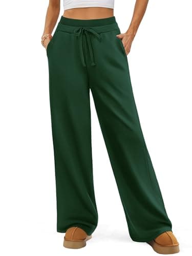 ATHMILE Wide Leg Sweatpants High Waisted Double Waisted Baggy Sweat Pants Fashion Teen Girl Drawstring Athletic Joggers Dark Green - Image 1