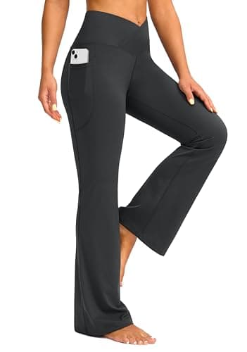 Women's Flare Leggings Crossover Yoga Pants 29"/30.5"/32" High Waist Bell Bottom Pants for Women with Pockets(Dark Grey,29-S) - Image 1