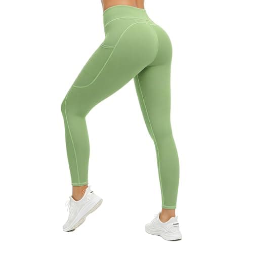 AMLEER Leggings for Women with Pockets, Tummy Control Yoga Pants, Buttery Soft Non See Through Squat Proof High Rise Workout Leggings for Gym Daily Travel, Green, 2X-Large - Image 1