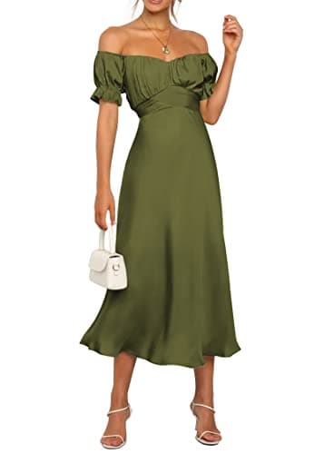KIRUNDO Women's 2026 Spring Summer Satin Wedding Guest Midi Dress Off The Shoulder Wrap Party Cocktail Formal Prom Dresses(Army Green, Small) - Image 1