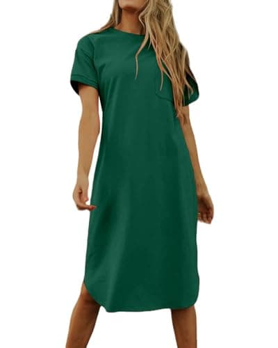 Dyexces Womens Summer Tshirt Midi Dresses Tshirts Crew Neck Short Sleeve Dress T-Shirts Solid Basic Casual Maxi Dresses with Pocket T-Shirt Dresses Green - Image 1