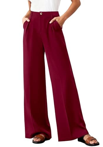 BTFBM Wide Leg Pants Woman 2026 High Waisted Button Business Casual Dressy Trousers Office Work Palazzo Pants Pockets(Burgundy, Large) - Image 1