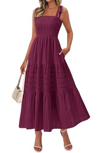 BTFBM Women's 2026 Spring Boho Spaghetti Strap Dress Casual Sleeveless Smocked A Line Beach Sundress Long Maxi Dresses(Burgundy, X-Large) - Image 1