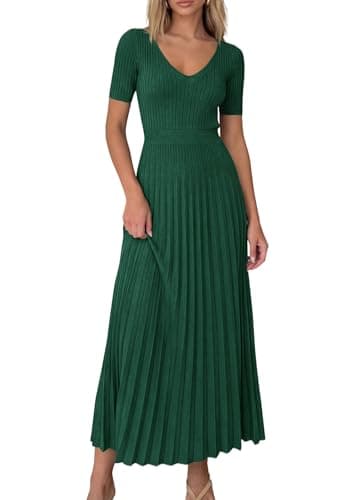 PRETTYGARDEN Women's 2026 Spring Midi Sweater Dresses Elegant Pleated Ribbed Knit Short Sleeve V Neck A Line Summer Outfits (Dark Green,Large) - Image 1