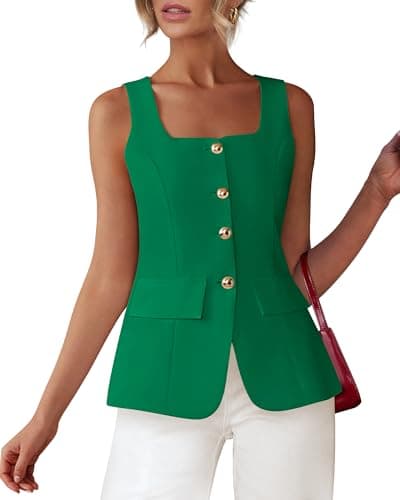 BTFBM Womens Sleeveless Suit Vests Dressy Casual Square Neck Business Work Waistcoat Spring Button Blazer Vest Tops 2026(Green, X-Large) - Image 1