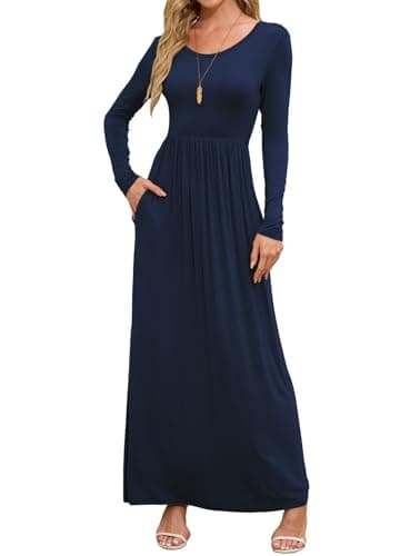 DEARCASE Maxi Dress for Women Navy Blue Small Crewneck Long Sleeves Wedding Guest A-line Plain Casual Empire Waist Flowy Party Vintage Spring Fall Winter Floor Dresses with Pocket - Image 1