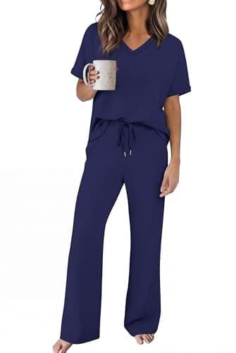 Sampeel Summer Sets for Women Fashion Beach Vacation Clothes V Neck Short Sleeve Wide Leg Pants Matching Sets Airport Travel Outfits Dark Blue XL - Image 1