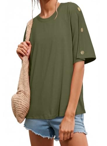 Dokotoo Womens Summer Tops Crewneck Oversized T-Shirts Short Sleeve Side Button Casual Loose Fit Tunics for Leggings Summer Blouse Olive Green Tops Small - Image 1