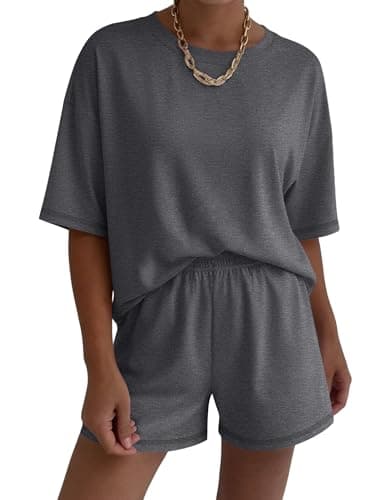 Ekouaer Lounge Sets for Women 2 Piece Shorts Sets Moisture Wicking Casual Summer Short Sleeve Matching Outfits with Pockets - Image 1