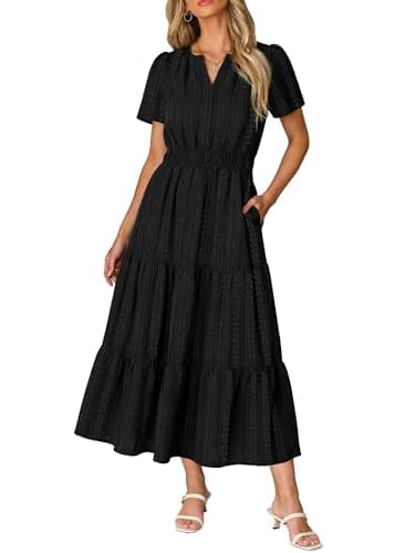 RUMIA Midi Dresses for Women Casual Short Sleeve V Neck Elastic Waist Maxi Dress Black XL - Image 1