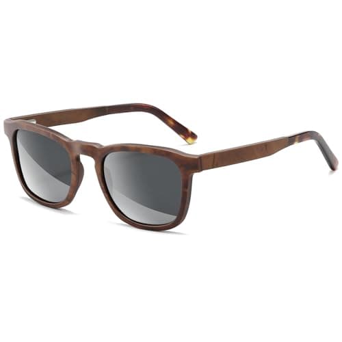 SUNGAIT Men’s Square Wood Sunglasses Classic Natural Red Burl Ebony Walnut Wooden Frame Polarized Lens(Red Burl Wood Frame/Grey Lens) - Image 1