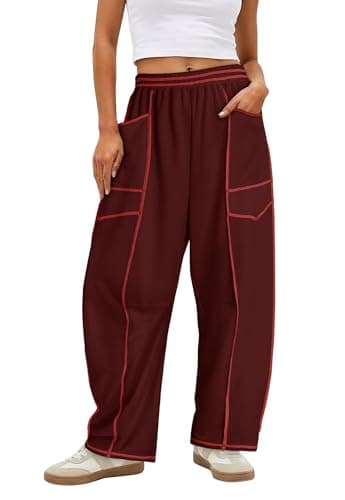 Magritta Women's Barrel Pants Casual Loose Wide Leg Palazzo Trousers with Elastic Stretch Waist and Pockets Dark Red Medium - Image 1