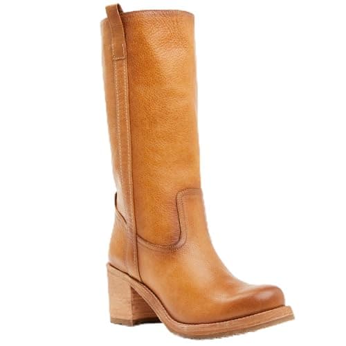 DBQGRDZ Tan Chunky Block Heel Knee High Boots for Women Pull on Round Toe Mid Calf Boots Riding Fall Tall Boots - Image 1
