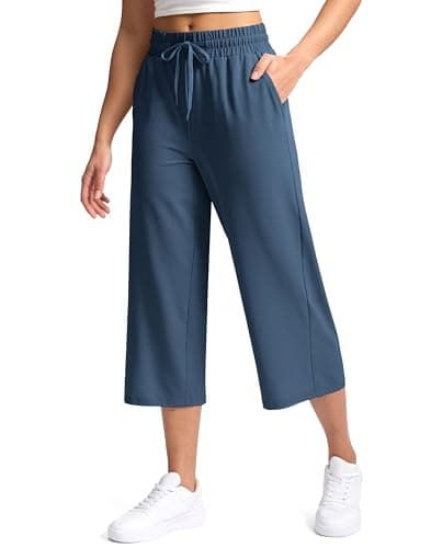 Soothfeel Women's Capri Pants Loose High Waisted Wide Leg Lightweight Travel Hiking Pants for Women Casual Summer with Pocket Dark Blue XXXL - Image 1