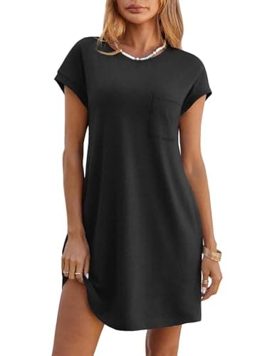 Wenrine Womens Summer T Shirt Dress Casual Short Sleeve Crewneck Loose Flowy Mini Dresses with Pockets Black - Image 1