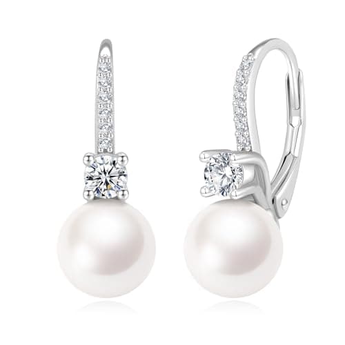 BAMIKI Pearl Drop Dangle Earrings 925 Sterling Silver Cubic Zirconia Leverback Earrings, 8MM Round Freshwater Cultured Pearls Jewelry Gifts for Women Wife Mother - Image 1
