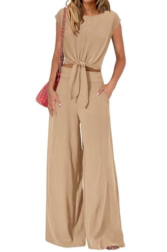 PRETTYGARDEN Women 2 Piece Lounge Sets 2026 Casual Summer Outfits Cap Sleeve Strappy Crop Tops Wide Leg Pant Tracksuit(Khaki,Small) - Image 1