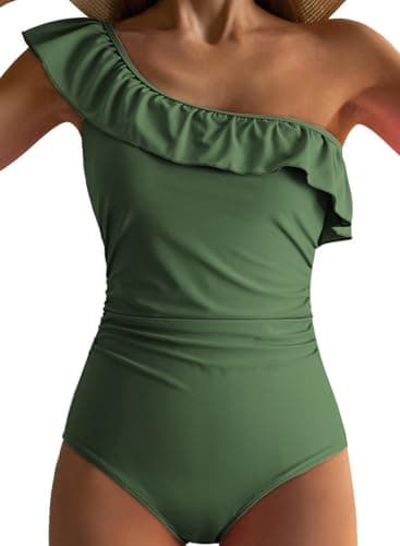 Dokotoo Ladies Cold Shoulder One-Piece Swimsuit One Shoulder 2026 Asymmetric Ruched Ruffle Sleeve Cute Monokinis Tummy Control Plus Size Swimwear,Bean Green Small - Image 1