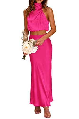 PRETTYGARDEN Women's 2 Piece Satin Outfits Summer Sleeveless Mock Neck Crop Tops and Long Skirt Dress Sets (Rose Red,X-Large) - Image 1