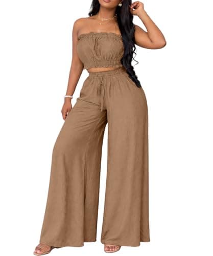 ABKY Two Piece Sets for Women Going Out Summer Off Shoulder Tube Top Palazzo Pants Set Vacation Birthday Party Date Night Outfits Khak 2XL - Image 1