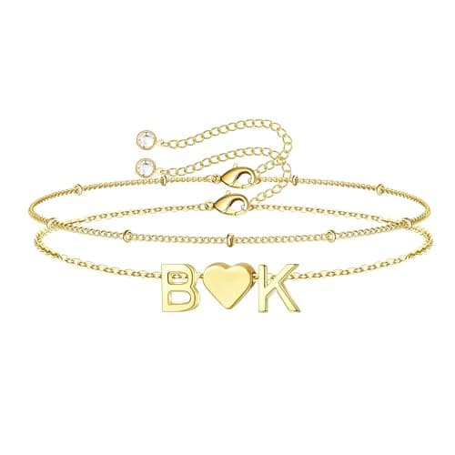Turandoss 2 Initial Bracelets for Women – Elegant Heart Double Letter BK Charm, 14K-Gold-Plated Layered Jewelry, Birthday Gifts for Women Teen Girls - Image 1