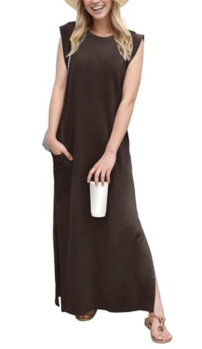 HiMONE Casual Summer Dress for Women Petite Friendly Sleeveless Tank Dress Loose Fit Maxi with Pockets Dark Coffee - Image 1
