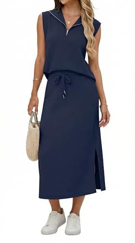 Lepunuo Skirt Sets Women 2 Piece Outfits Half Zip Lapel Tops Split Midi Skirts with Pockets Teacher Outfit Lounge Set - Image 1