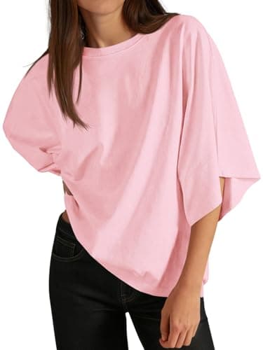 Cicy Bell Womens Oversized Half Sleeve T-Shirts Summer Casual Crew Neck Tshirt Loose Fit Side Slit Tee Tops Pink - Image 1