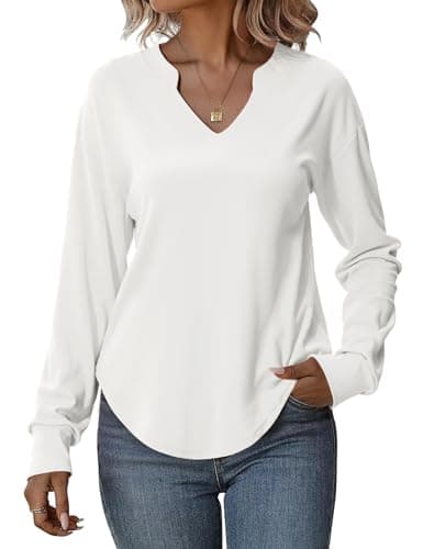 Totatuit Sweatshirts for Women V Neck Long Sleeve Shirts Loose Lightweight Curved Hem Casual Pullover Tops 2025 Fall White Large - Image 1