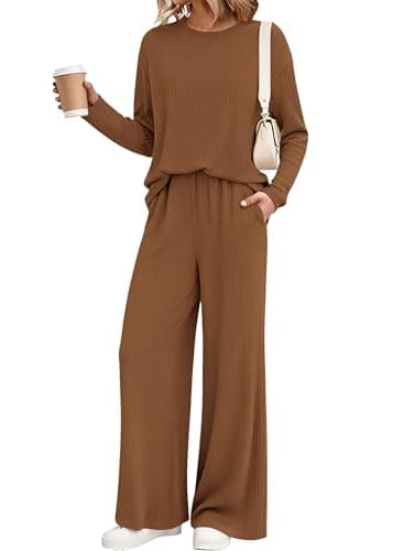 KIRUNDO Spring 2 Piece Lounge Sets for Women Long Sleeve Ribbed Knit Tops Wide Leg Pants Matching Travel Outfits Postpartum(Caramel, Medium) - Image 1