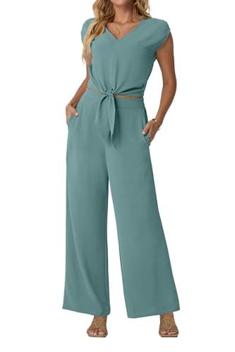 Lepunuo 2 Piece Vacation Outfits V Neck Belted Cute Crop Top with Casual Wide Leg Pants Women's Summer Beach Set - Image 1