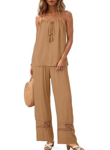 Dokotoo Matching Sets Women Clothing Summer Casual Spaghetti Strap Tank Tops and Wide Leg Lace Pants Set with Pockets Going Out Resort Wear Brown Small - Image 1
